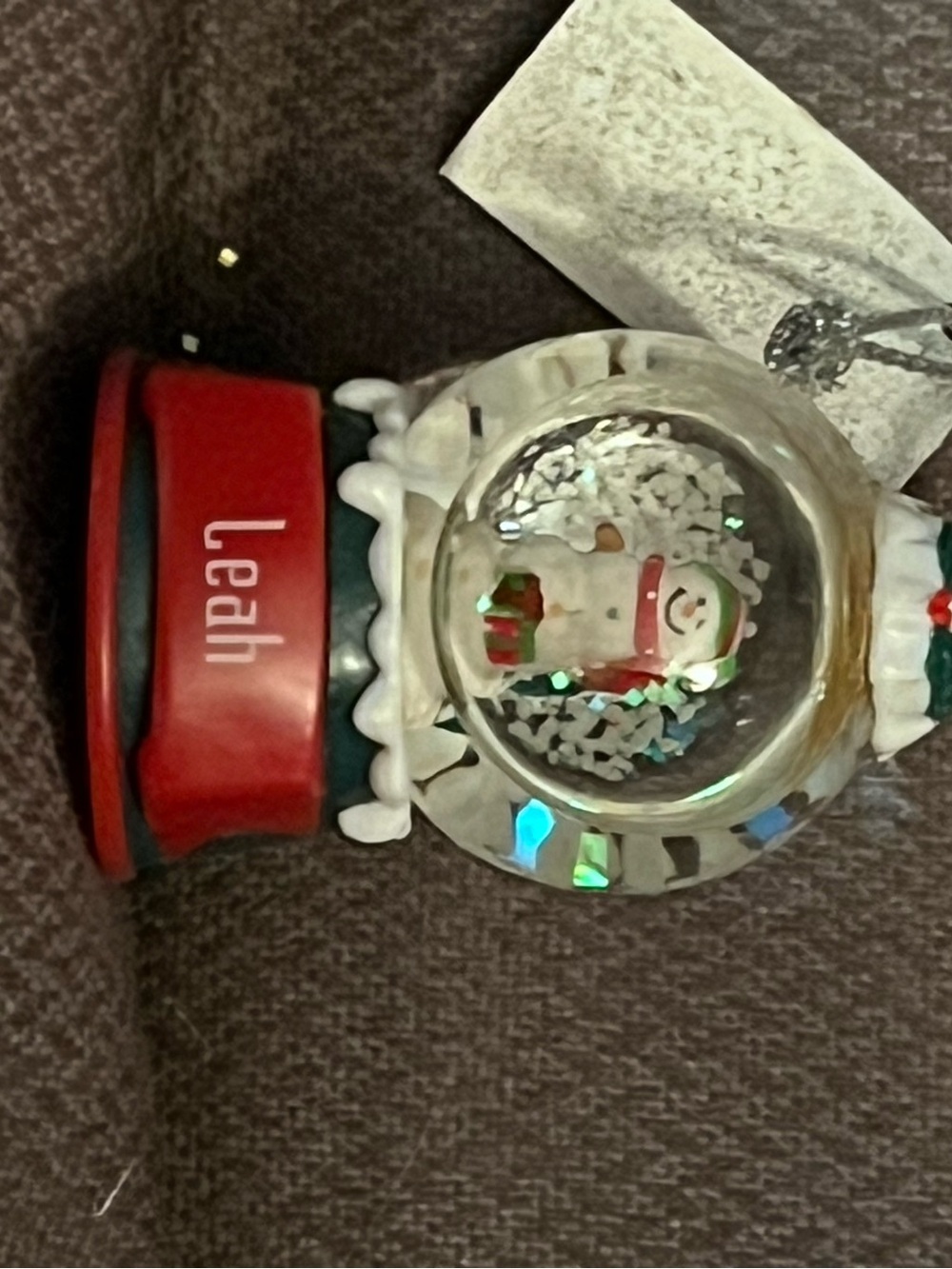 Personalized Red Snow Globe Ornament with Snowman Leah